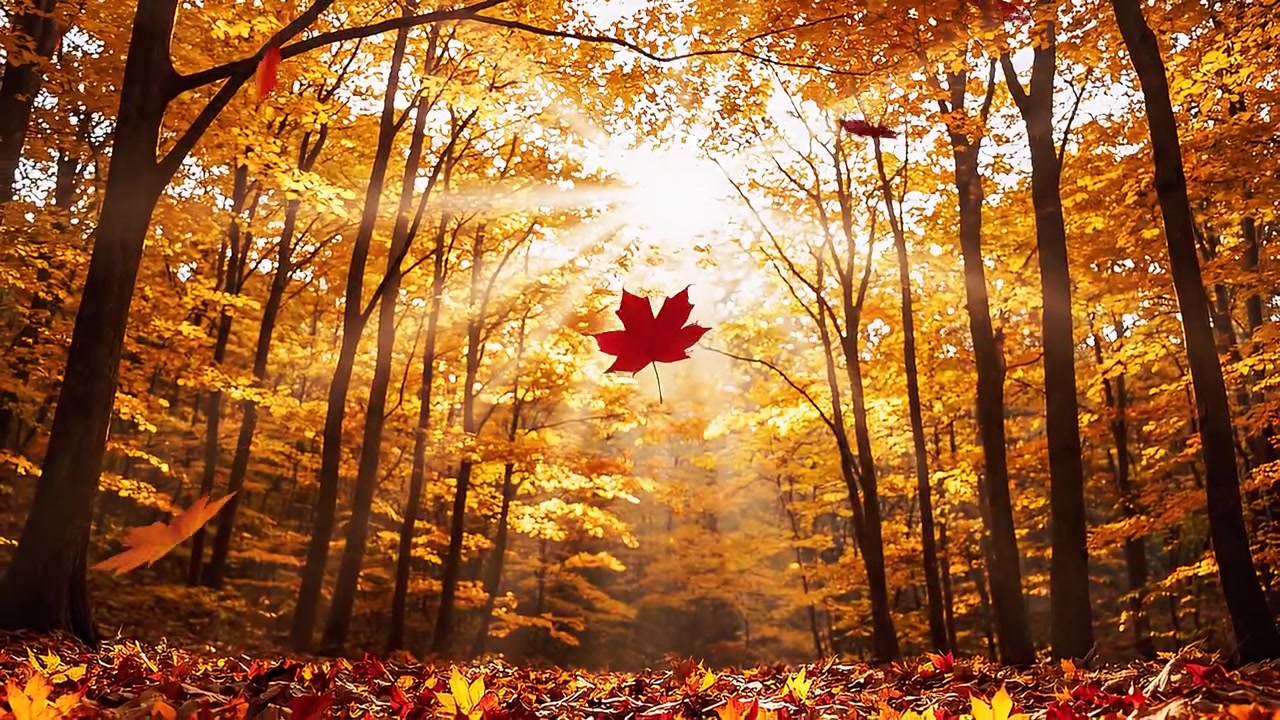 Vibrant falling autumn leaves in a sunlit golden forest