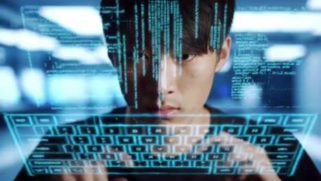 a focused individual engages with a virtual interface, typing on a futuristic holographic keyboard amidst a high-tech environment