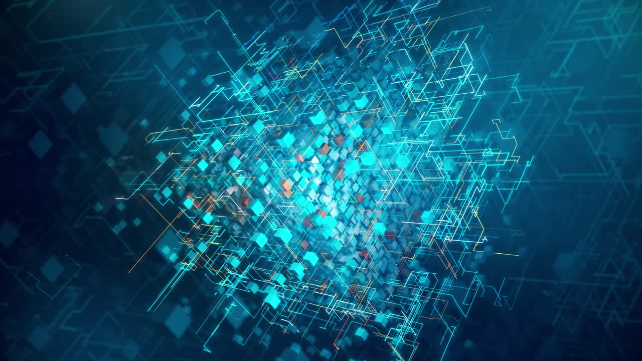 3D Blockchain Network: Glowing Lines in a Futuristic Blue Circuitry
