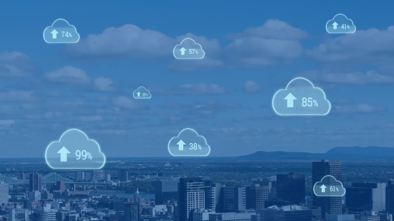Animation of cloud icons with percentage symbols over cityscape, showing data upload