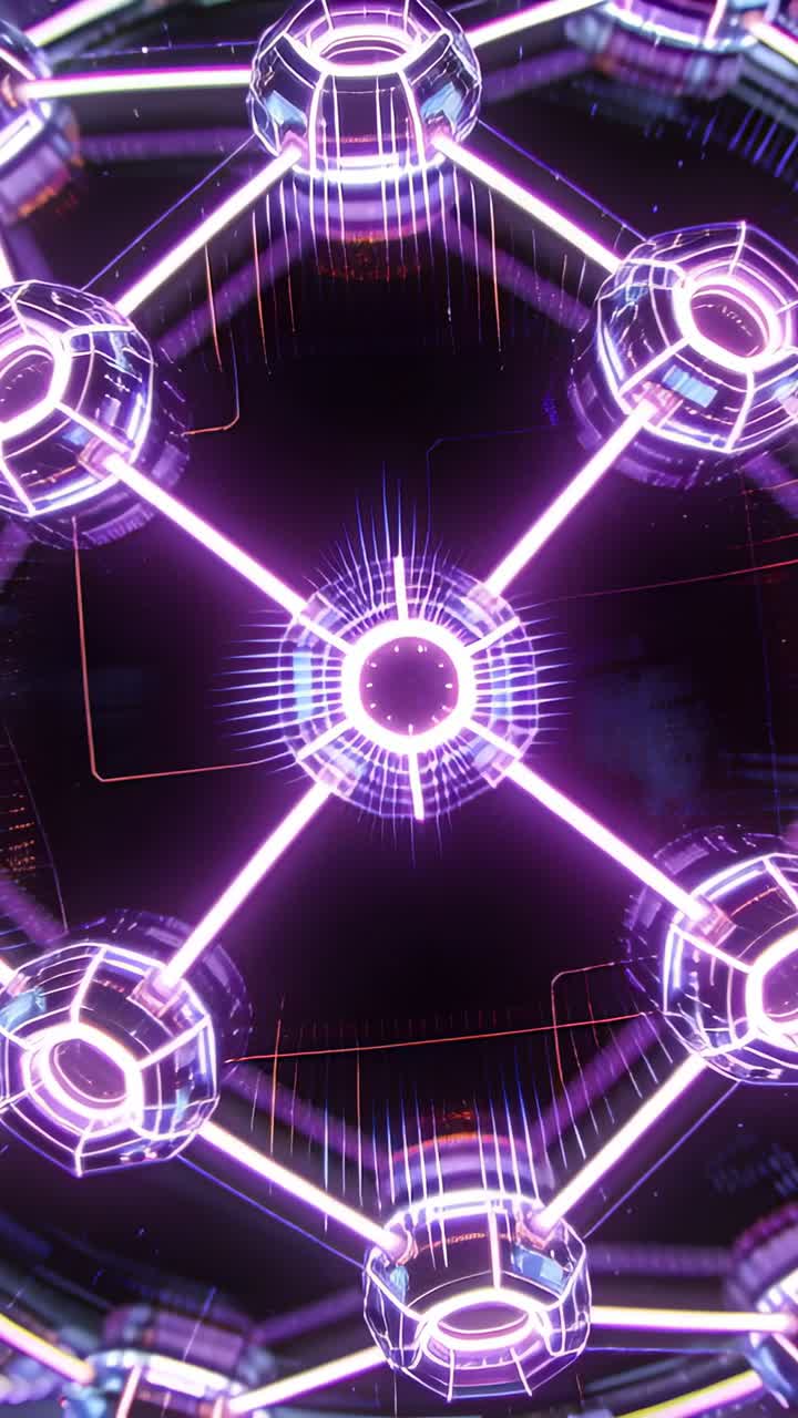 Video verticale: Hub e nodi pulsanti in loop con aste luminose nello spazio virtuale, che mostrano dati.