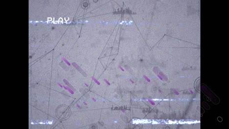 efecto de falla de vhs y rastros de luz púrpura contra la red de conexiones y procesamiento de datos