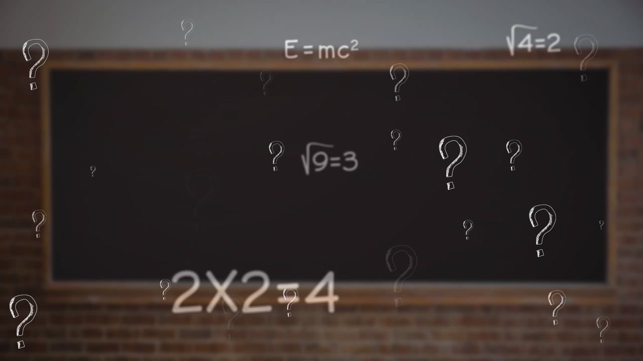 Multiple question mark symbols and mathematical equations floating against blackboard in background