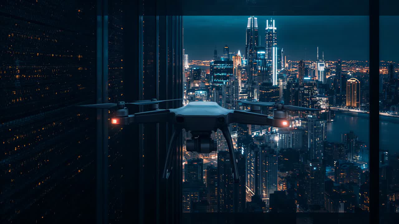 Hovering quadcopter drone after command holding position outside tower window, showing nav lights