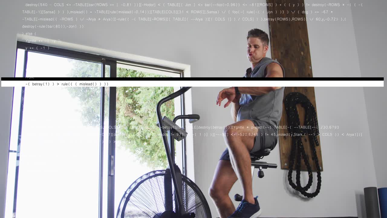 Man adjusting grip, pedaling air-bike in home gym, HR overlay on console and wrist tracking effort
