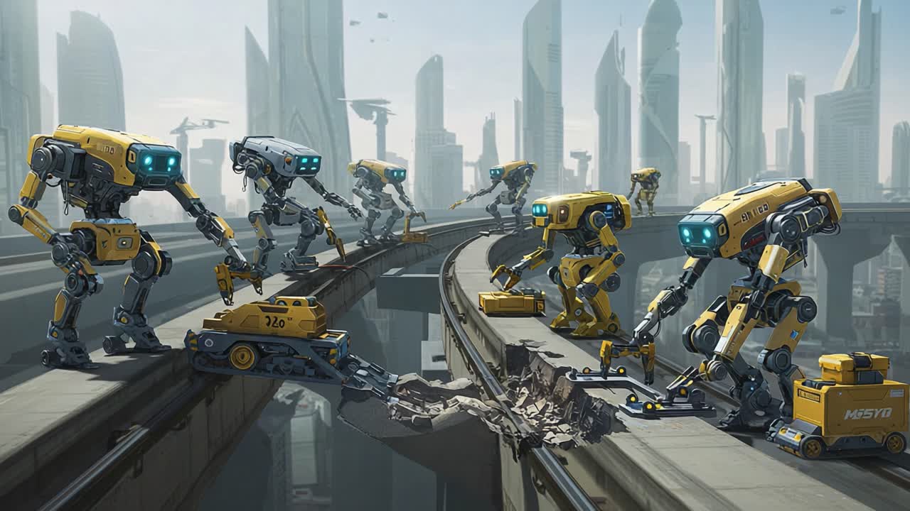 A Team of Advanced Robots Collaborating on Urban Infrastructure Repair in a Futuristic Cityscape, Showcasing Innovation and Technology in Action