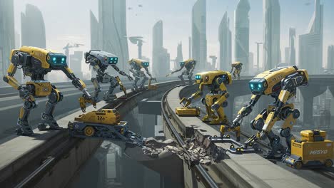 a team of advanced robots collaborating on urban infrastructure repair in a futuristic cityscape, showcasing innovation and technology in action