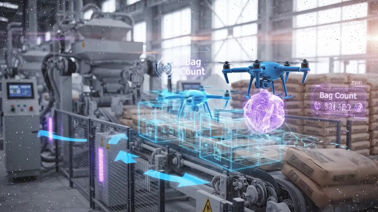Drone and AI Monitoring Inventory on Automated Factory Production Line