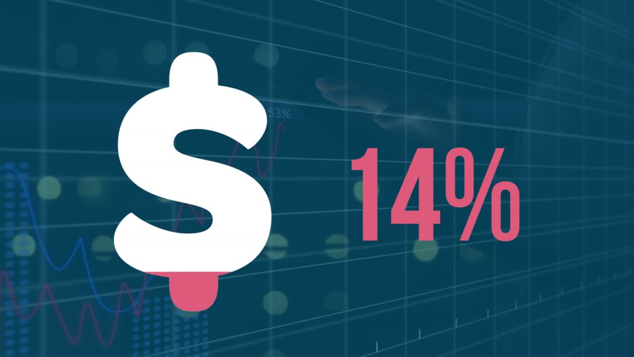 Animation of dollar symbol with increasing percentage over mid section of man using digital tablet