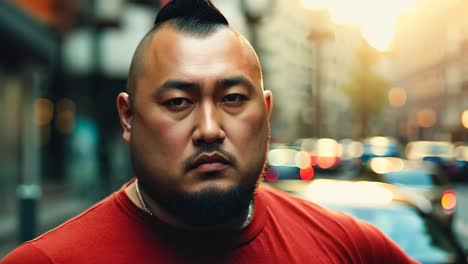 a man in a red shirt standing in the middle of a city street