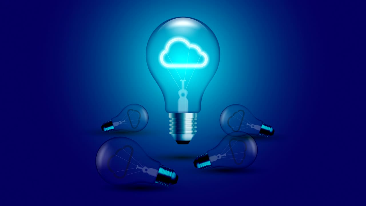 Cloud icon symbol Incandescent light bulb beating moving switch on set Connection concept glow in blue gradient background seamless looping animation 4K, with copy space