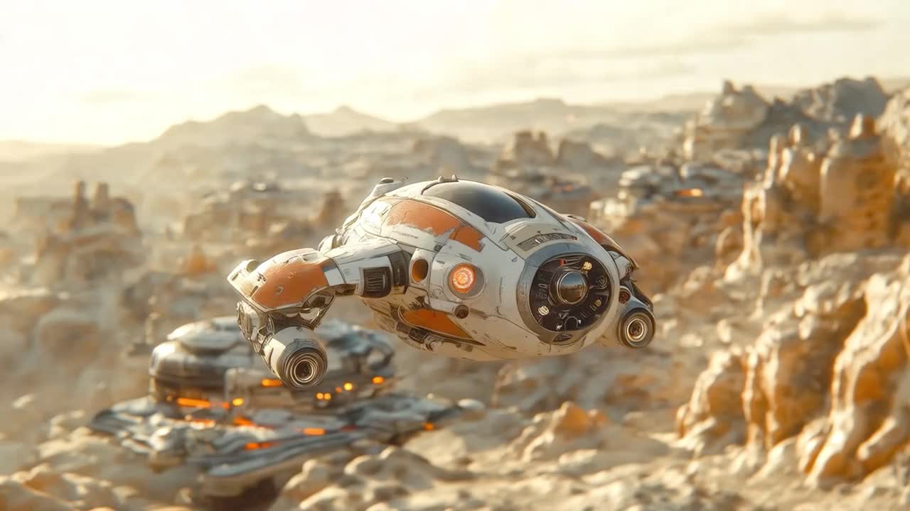 사막 풍경에 있는 미래의 우주선