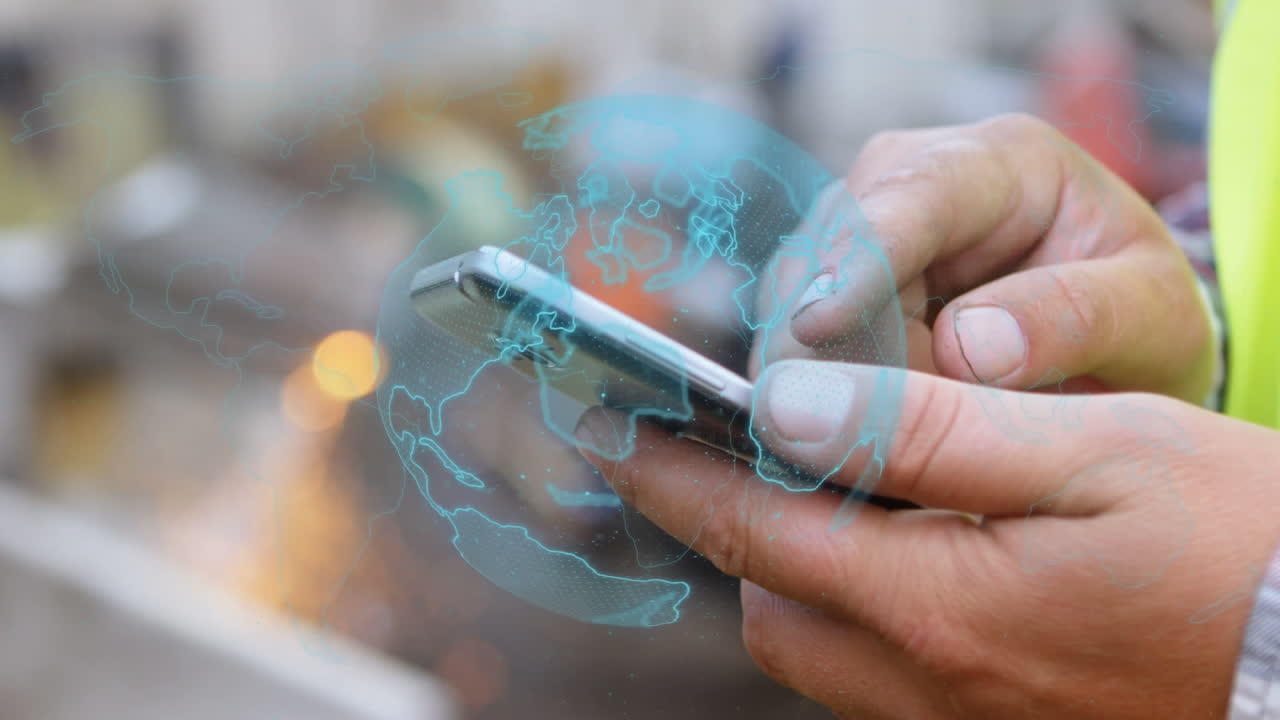 animación del globo sobre el hombre usando un teléfono inteligente