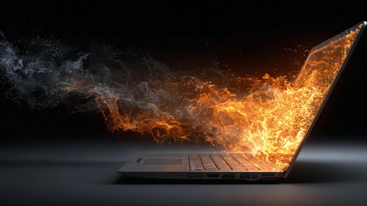 Exploderande kreativitet: En visuell resa av eld och energi som strålar från en bärbar dator, vilket illustrerar kraften i digital innovation och fantasi