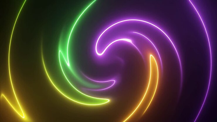 Linhas de Néon Abstratas Rodopiantes em Verde, Amarelo e Roxo