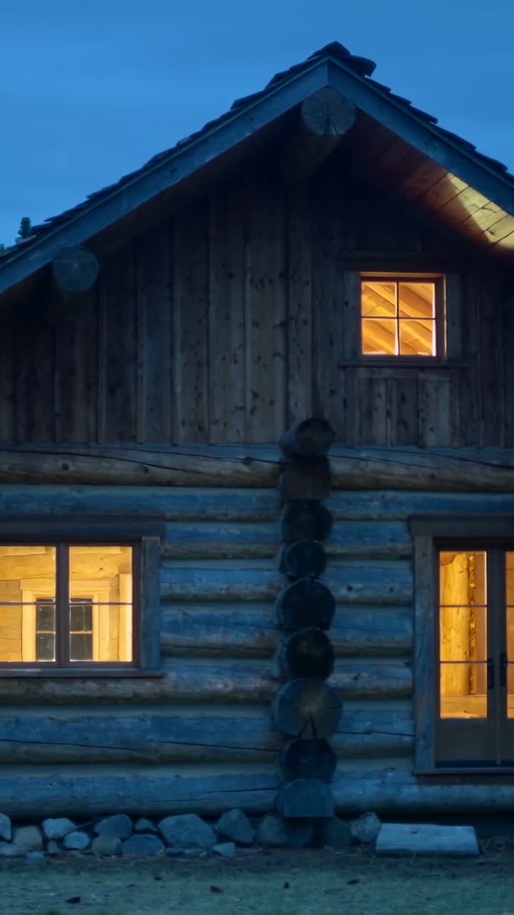 Vertical video: Log cabin windows lighting as occupant switching lamps for evening in woods