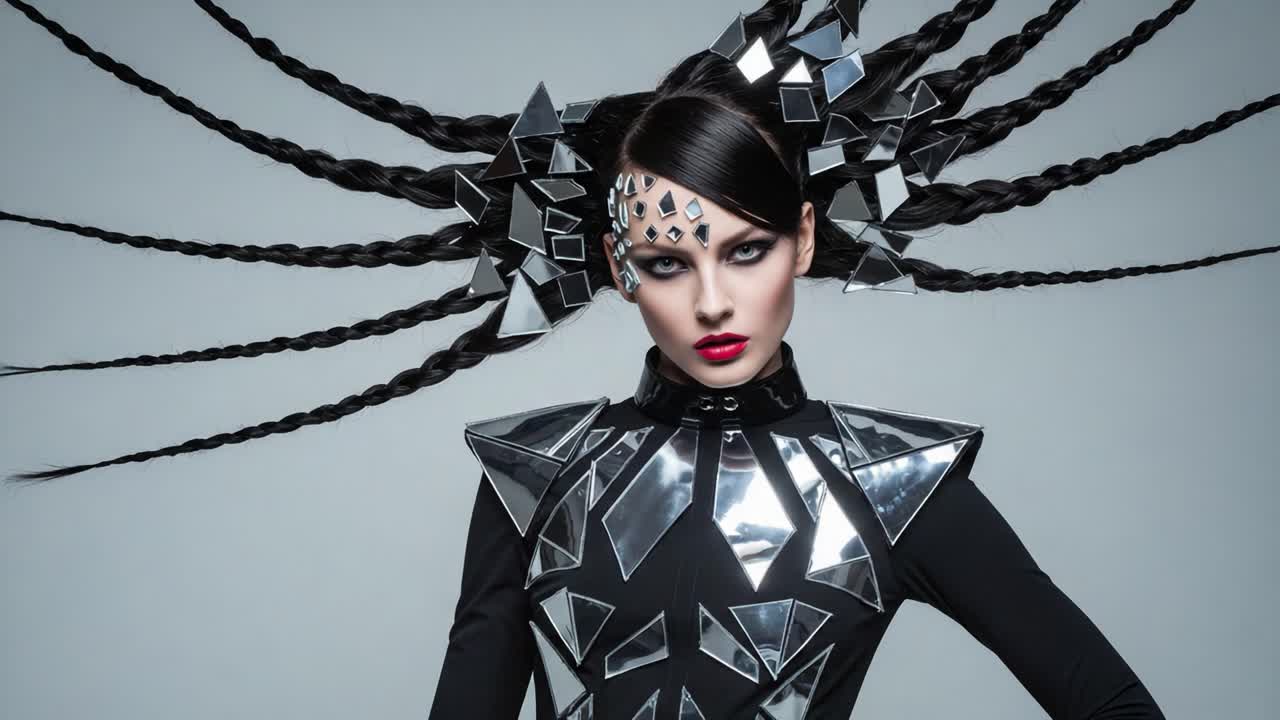 Captivating Fashion Portrait Featuring a Model with Unique Geometric Hair Design and Bold Make-Up, Celebrating Modern Aesthetic Innovation and High-Impact Style
