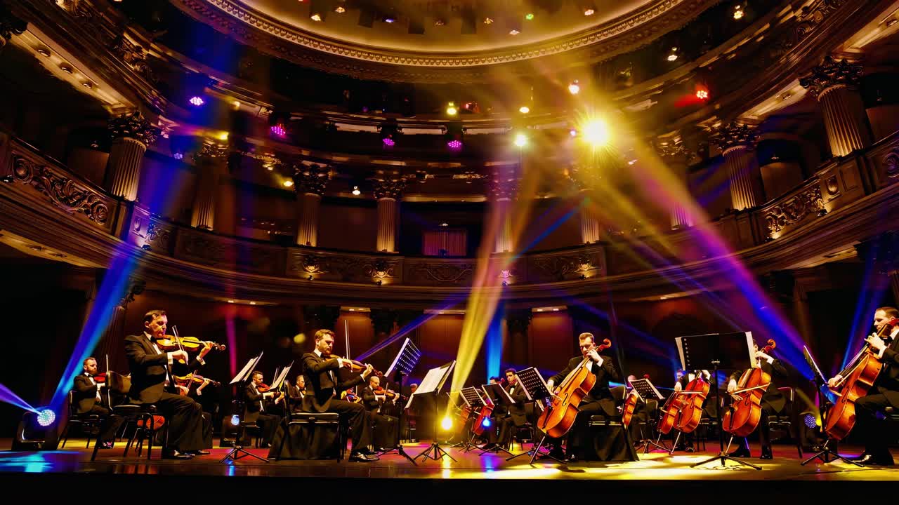Musicians playing string instruments on a brightly lit stage, creating a captivating atmosphere in an elegant concert hall during a live symphony performance