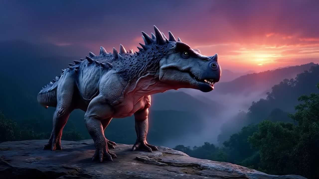 A dinosaur standing on top of a rock in the middle of a forest