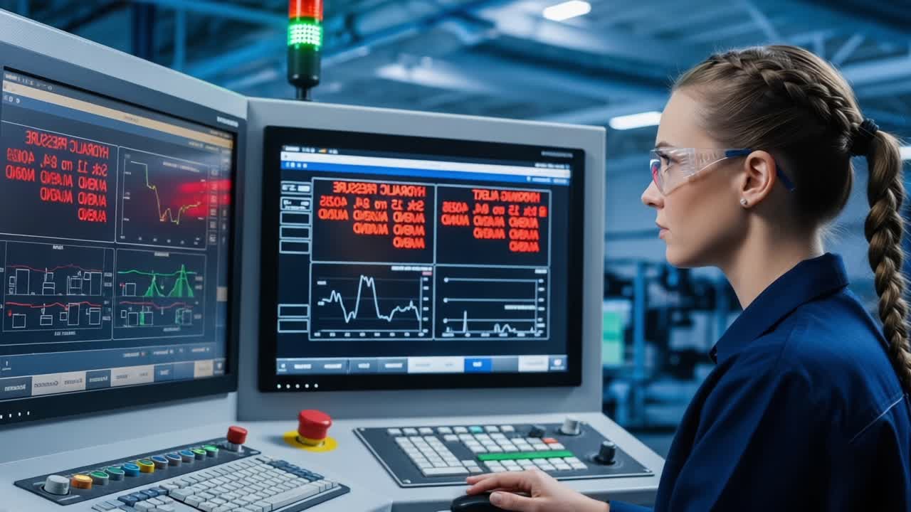 Female Technician Monitors Complex Data Systems on Dual Screens, Analyzing Graphs and Readings in a Modern Industrial Environment