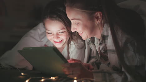 Tablet,-relax-and-mother-with-daughter-in-bedroom