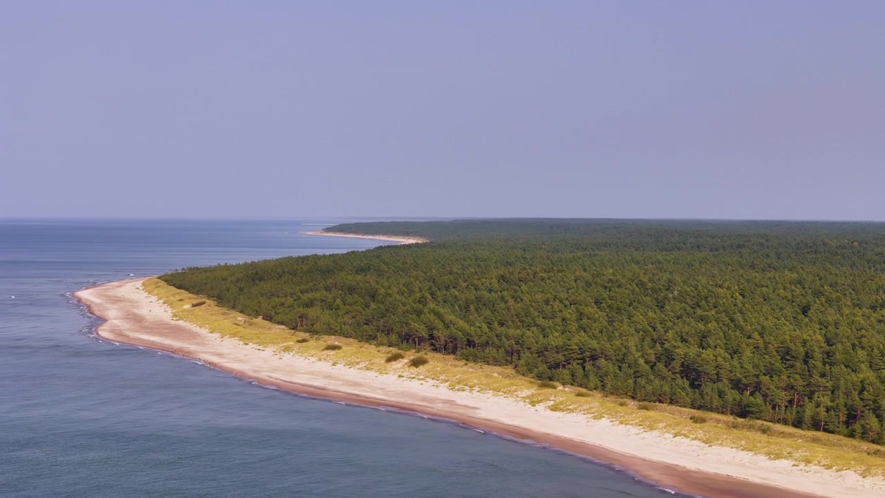 Costa della Curlandia in Lettonia vicino ad Akmenrags, spiagge sabbiose incontrano il tranquillo Mar Baltico sotto cieli sereni.