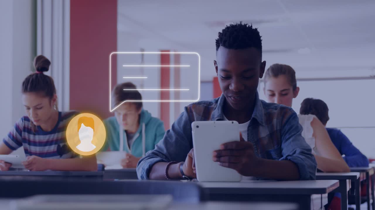 Chat appearing, student tapping tablet in classroom, responding, camera zooming, avatar hovering