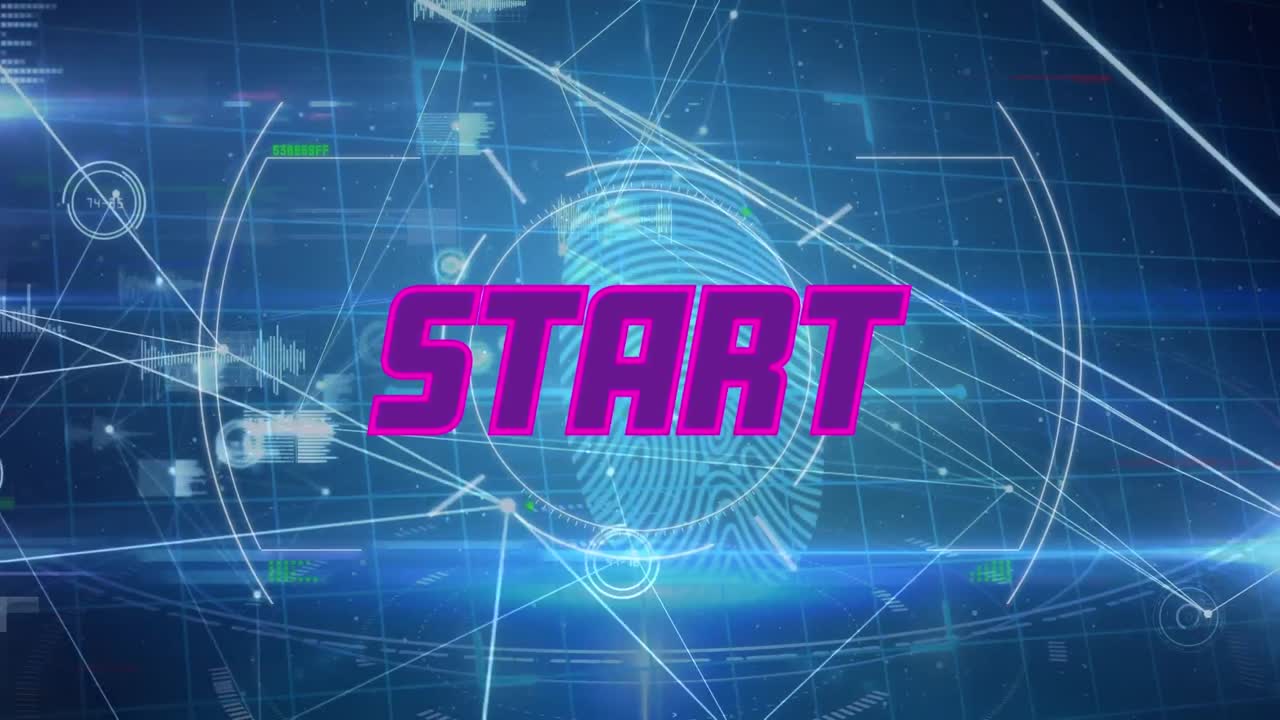 Animation of start text over fingerprint, connected dots, padlock in shields on blue background