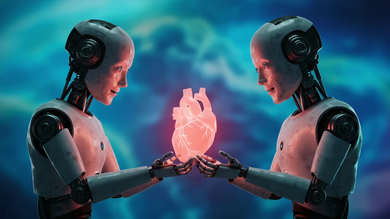 The Intersection of Humanity and Technology: Two Robots Gaze at a Glowing Heart, Symbolizing Compassion and Emotional Connection in a Digital Age