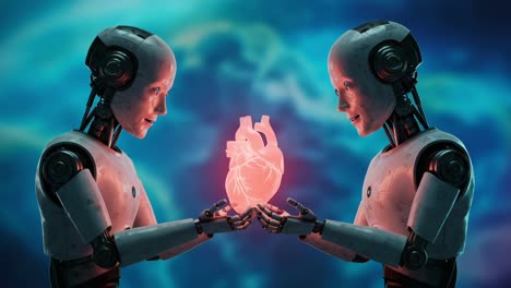 the intersection of humanity and technology: two robots gaze at a glowing heart, symbolizing compassion and emotional connection in a digital age