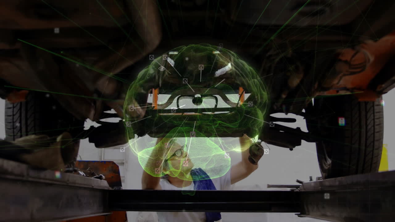 Male mechanic inspecting automotive undercarriage on hydraulic lift, with green AI brain hologram