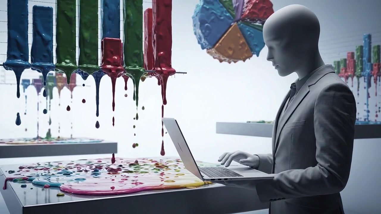 A futuristic scene depicting a data analyst analyzing colorful, dripping data visualizations on screens while using a laptop in a sleek, modern environment.