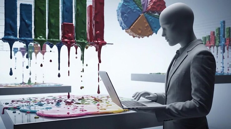 A futuristic scene depicting a data analyst analyzing colorful, dripping data visualizations on screens while using a laptop in a sleek, modern environment.