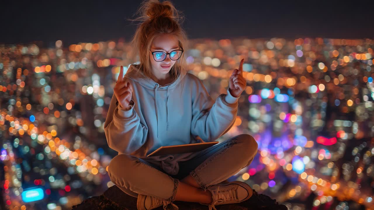 Paesaggio urbano notturno suggestivo: una giovane donna con una felpa con cappuccio interagisce con la tecnologia mentre è seduta a gambe incrociate, catturando il bagliore sereno delle luci vibranti della città