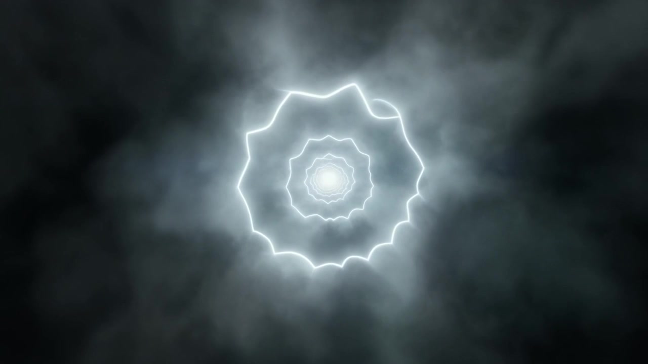 Túnel Geométrico Blanco Brillante Abstracto a Través de Nubes Oscuras