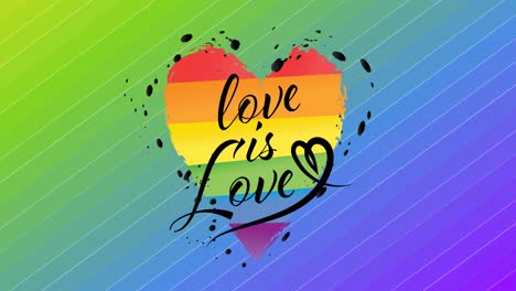 animation of love is love text on heart over rainbow stripes