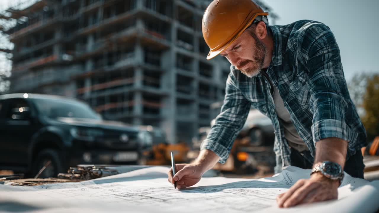 Focused Construction Worker Analyzing Blueprints on Site, Demonstrating Precision and Commitment to Quality in Building Projects