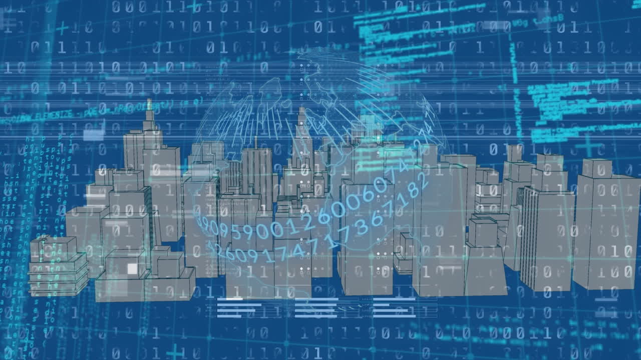 Animation of globe over data processing and cityscape