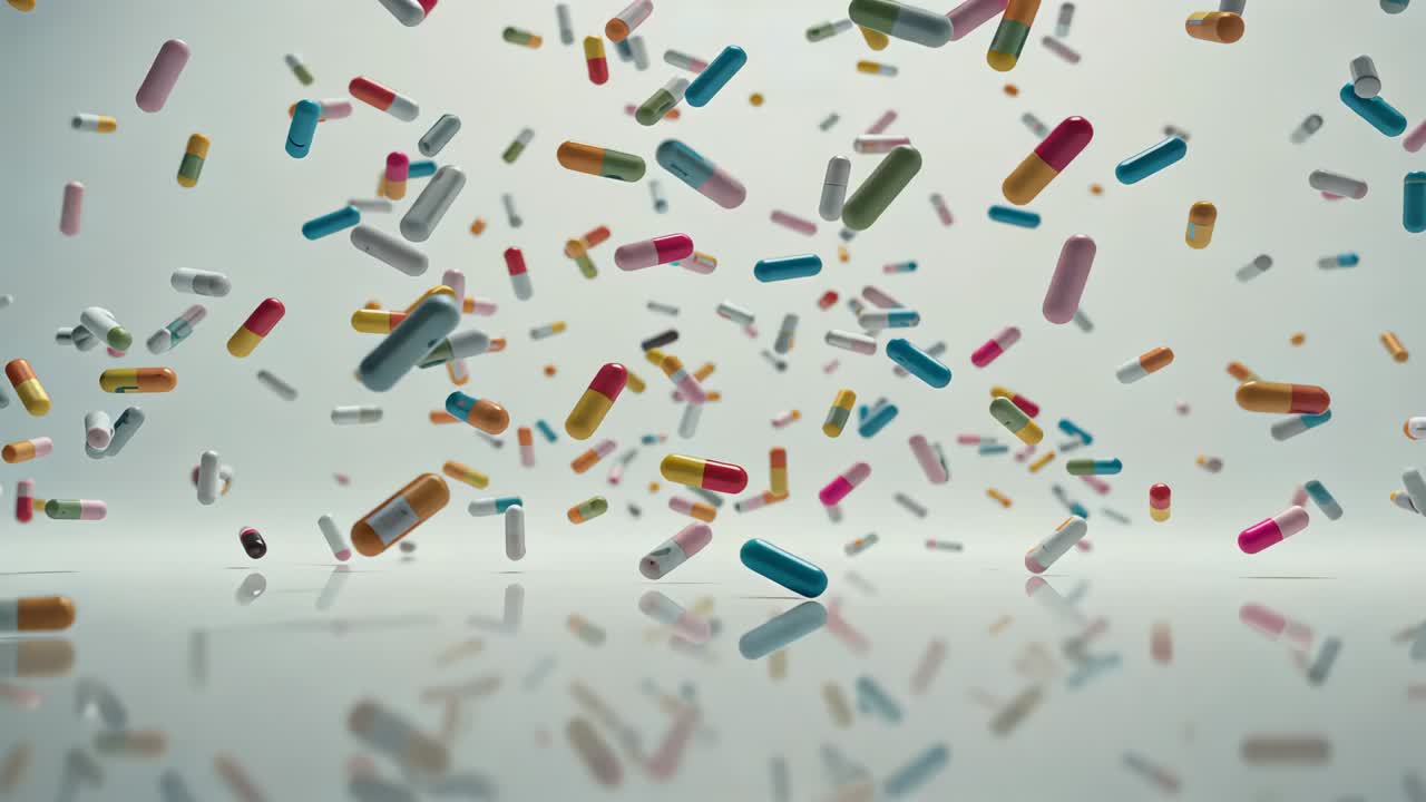 Rotating cloud of colorful capsules dispersing after release in studio, creating glossy reflections