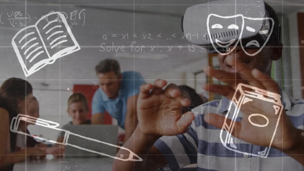 Student Using Virtual Reality Headset in Classroom with Educational Graphics