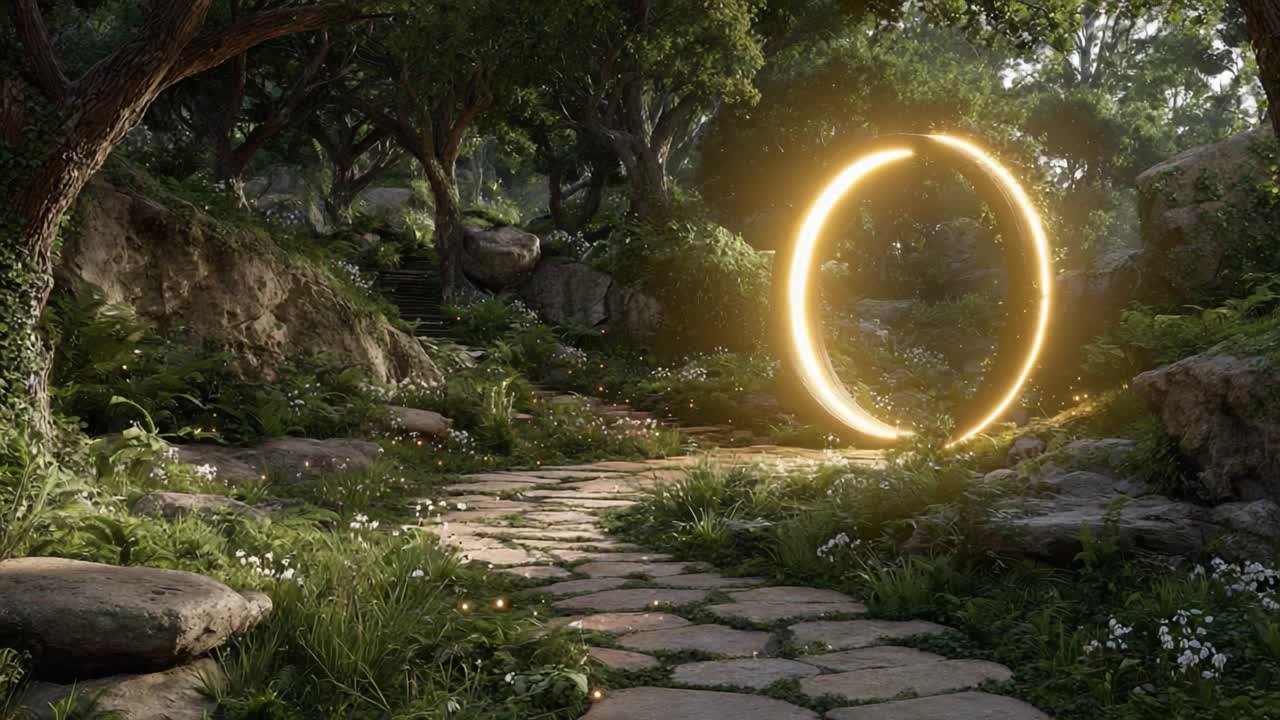 A Magical Portal Illuminates a Serene Forest Path Surrounded by Lush Foliage and Scenic Rock Formations, Inviting Exploration and Adventure
