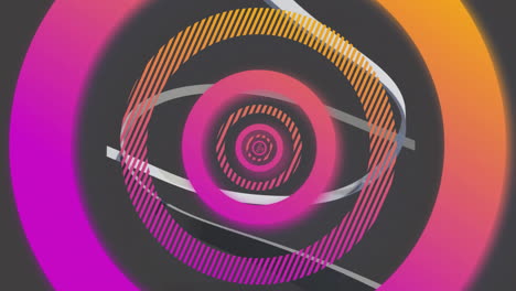 colorful concentric circles animation over dark background with abstract shapes