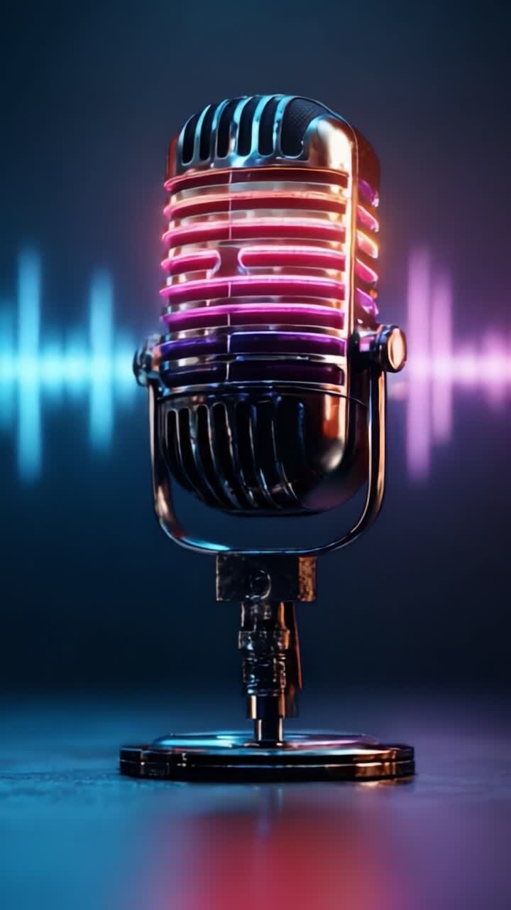 Uno splendido microfono vintage catturato in condizioni di scarsa illuminazione su uno sfondo di onde sonore colorate, perfetto per gli appassionati di musica e gli audiofili in cerca di ispirazione creativa.