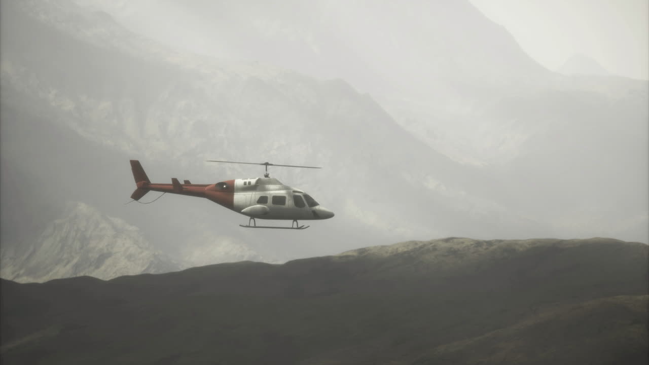 Hélicoptère survolant un paysage montagneux par un après-midi nuageux