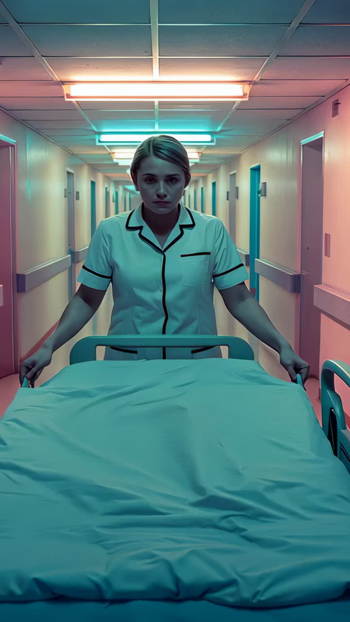 Vertical video: Walking nurse in uniform pushing empty gurney down hospital hall, with stethoscope