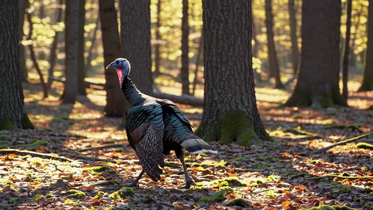 Un vídeo a cámara baja muestra un pavo salvaje en un bosque iluminado por el sol, exhibiendo las vibrantes plumas de su cola