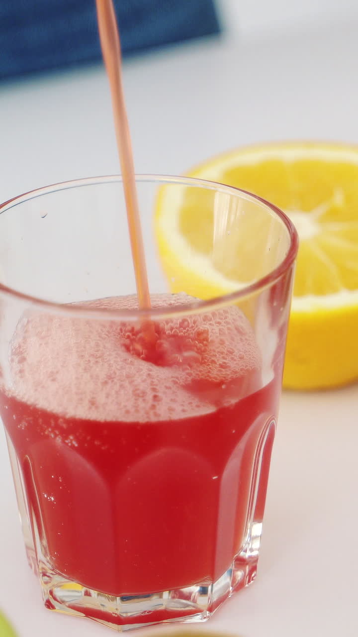 Succo di pompelmo fresco viene versato in un bicchiere. Frutta sul tavolo della cucina. Video verticale.