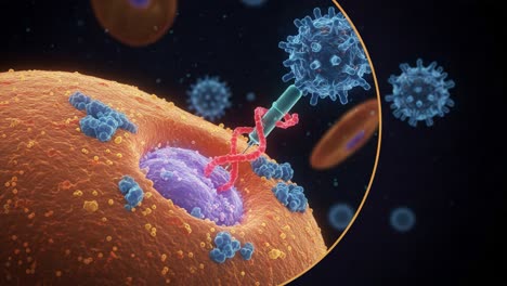 visual representation of viral infection on a cell, highlighting the process of viral entry and interaction with cellular components
