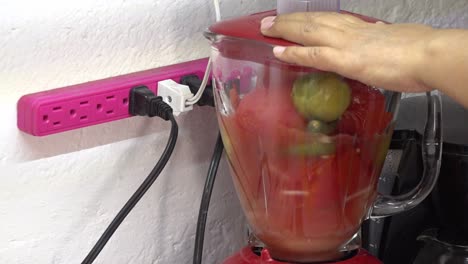 tomatoes inside a blender to cook salsa