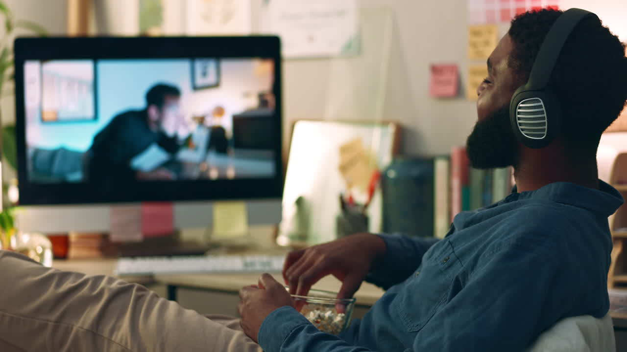 Computer, web vlog and man watching movie